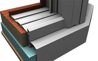 Close-up of a weeped sill pan system with a sloped sill, designed for optimal water management and protection against water penetration and condensation.